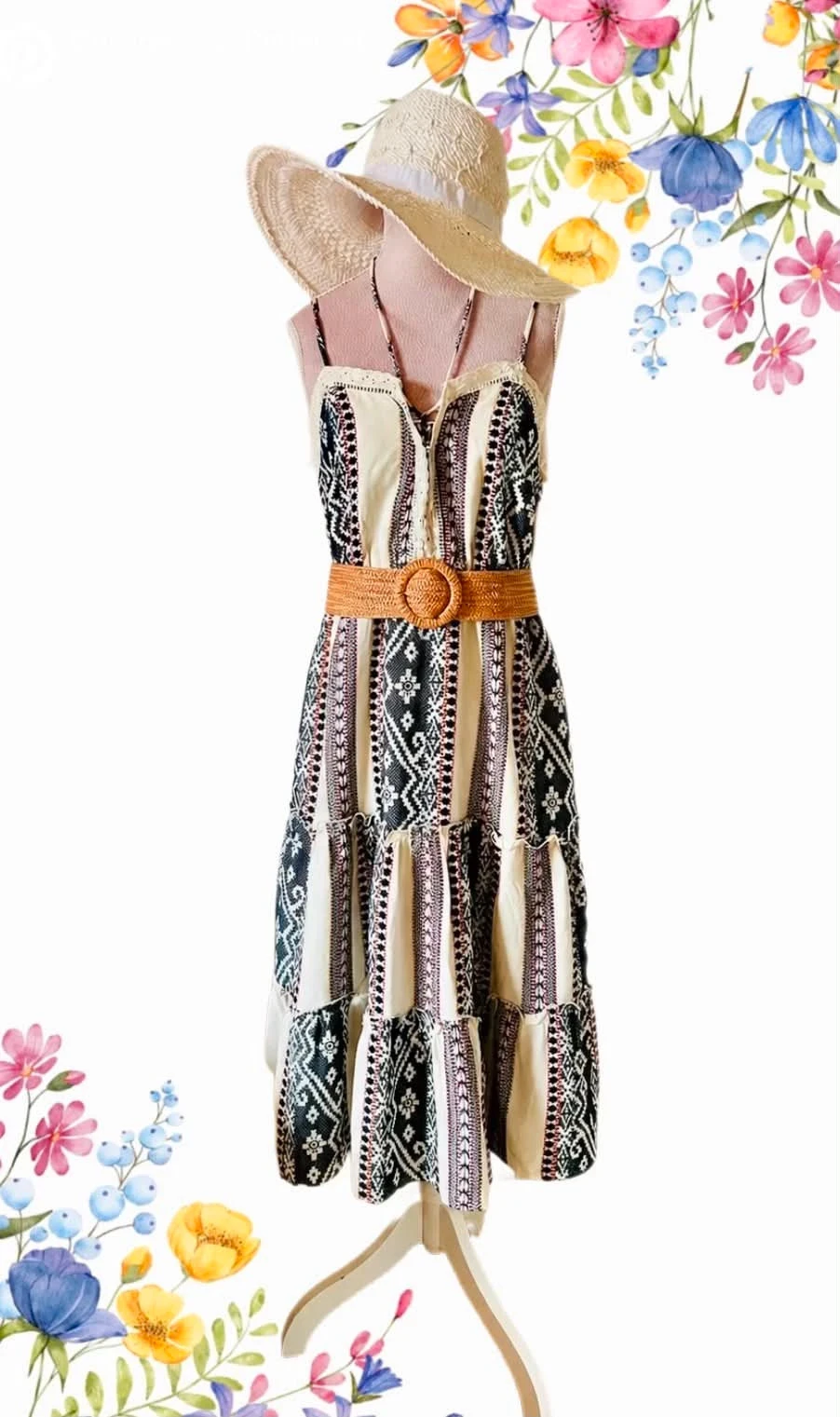 🩵🦋Robe bohème 100% coton champêtre cottagecore broderie anglaise bohemian embroidered dress L/40🦋🩵